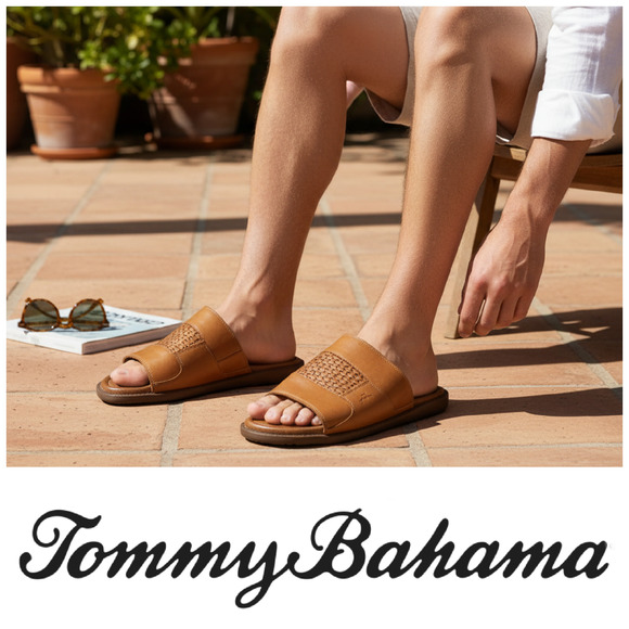 Tommy Bahama Gennadi Palms Slide Sandals Men's Sz 13 Brown Textured Leather - Picture 1 of 8